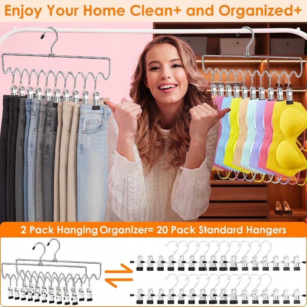 Pants Hangers Space Saving with Clips,Closet Organizers and Storage,20 Non-Slip Rubber Clips Metal Legging Organizer for Jeans Skirt Home Essentials,Dorm Room Essentials for College Students Girls Guy